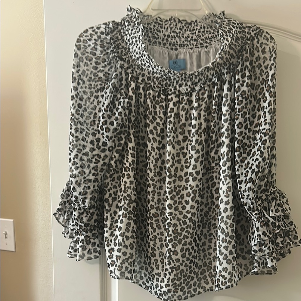 CeCe Black and White Ruffled Bell Sleeve Blouse